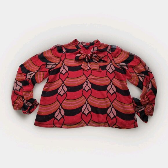 Rachel Zoe Top Womens M Multicolor Hearts Artsy Pullover Tie Neck Blouse LS Boho - Picture 9 of 16